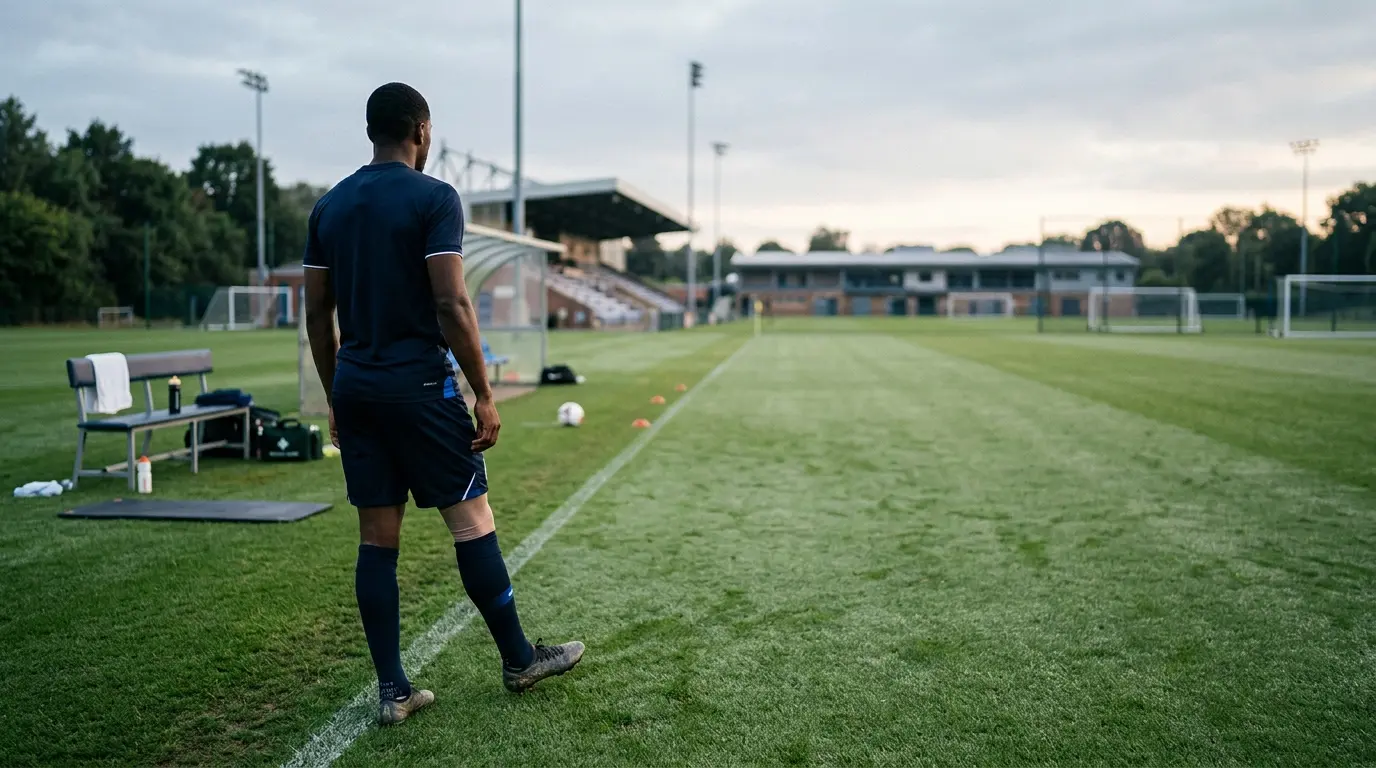 Anonymous footballer preparing for a cautious return after a long-term knee injury at training