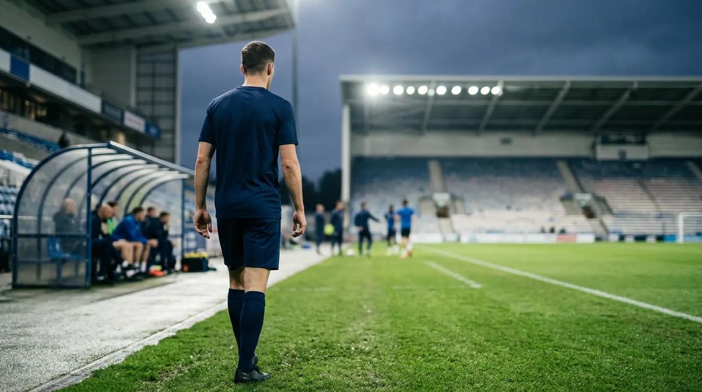 Anonymous winger returns from the bench during a cautious football comeback in a floodlit stadium