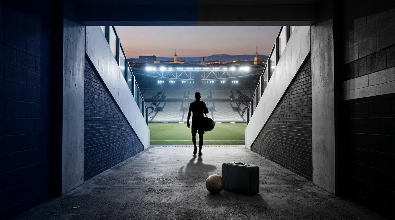 Distant footballer in a stadium tunnel representing Sarr’s unresolved Tottenham future and Juventus loan decision