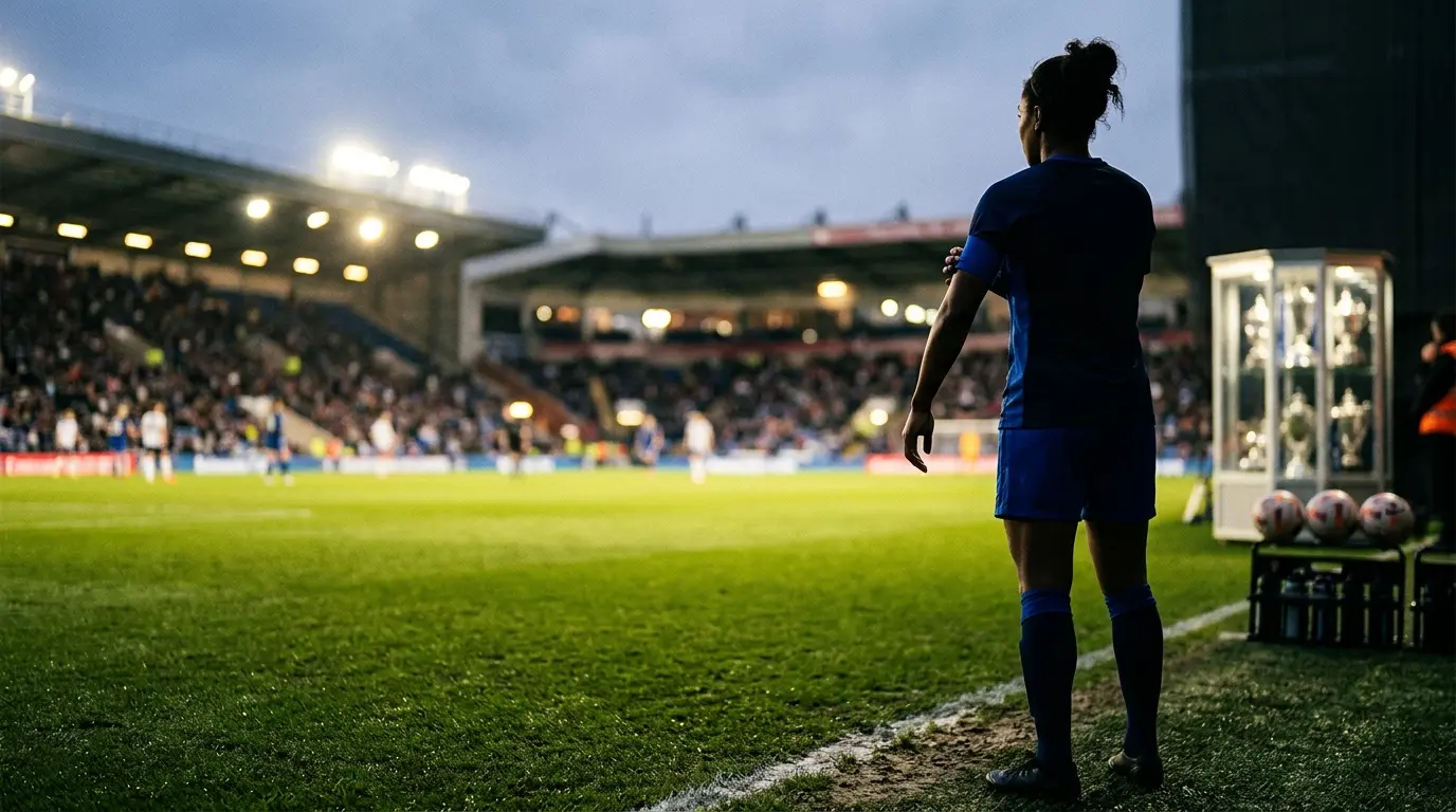 Unidentifiable women’s football captain silhouette on a floodlit pitch celebrating a Hall of Fame legacy