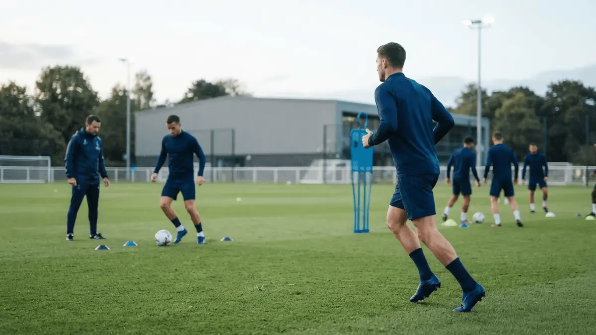 Two footballers return to training, with one jogging and another completing a cautious rehabilitation exercise.