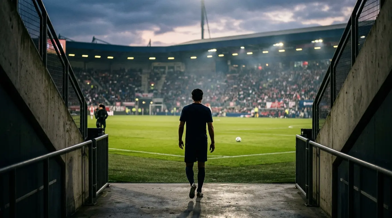 Anonymous midfielder walks from a navy stadium tunnel toward a bright Amsterdam football pitch
