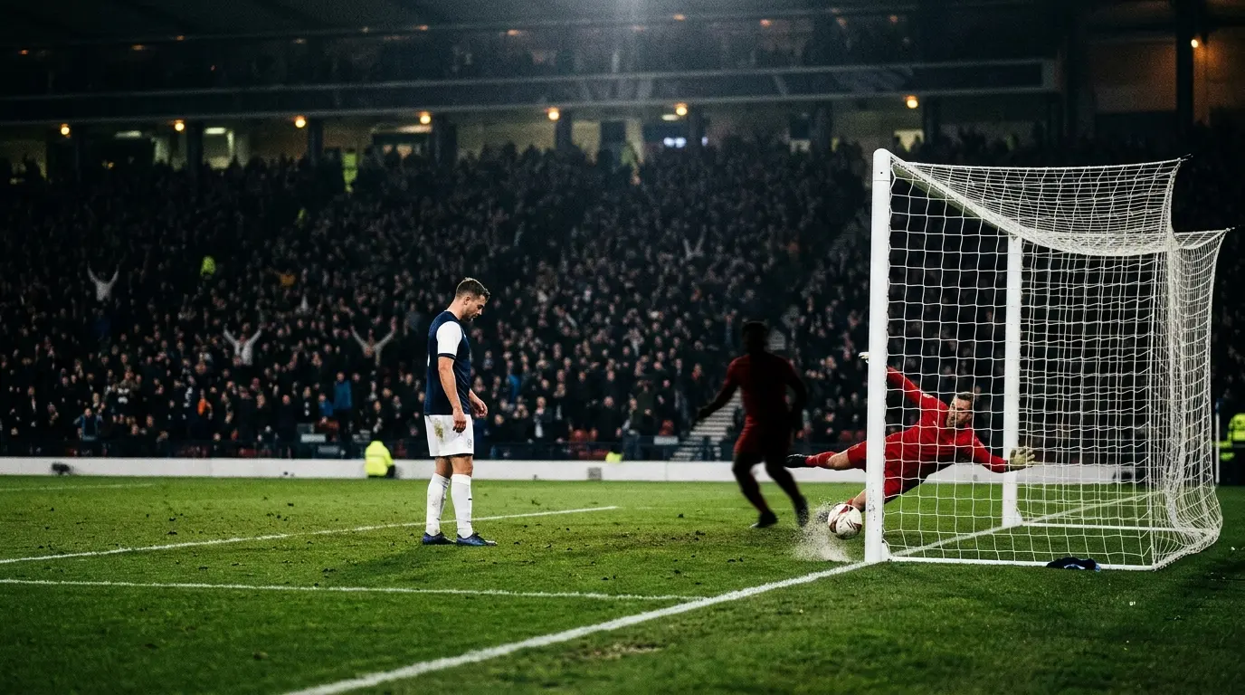 Anonymous navy-and-white footballer watches a missed chance as the ball rolls wide during a tense cup defeat