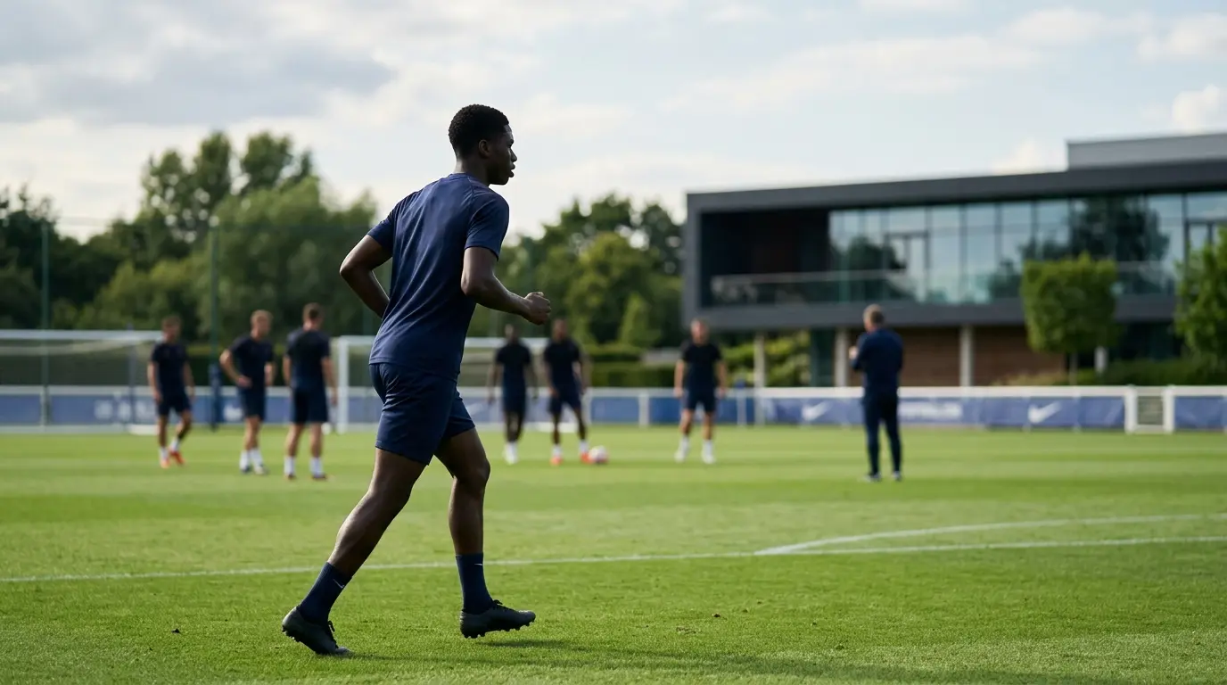 Young academy forward training with a senior football squad at a modern English training ground