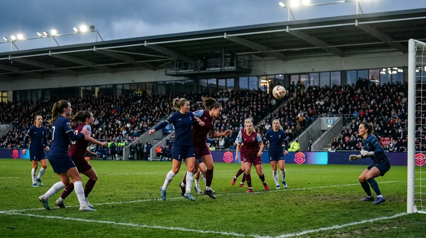 Anonymous women’s footballers contest a tense WSL match between Tottenham-inspired navy and Liverpool-inspired burgundy kits