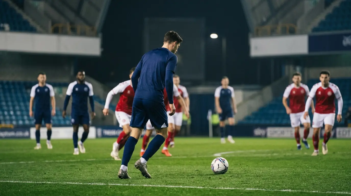 Footballer hesitates over a shot in a tense scoreless match under stadium lights