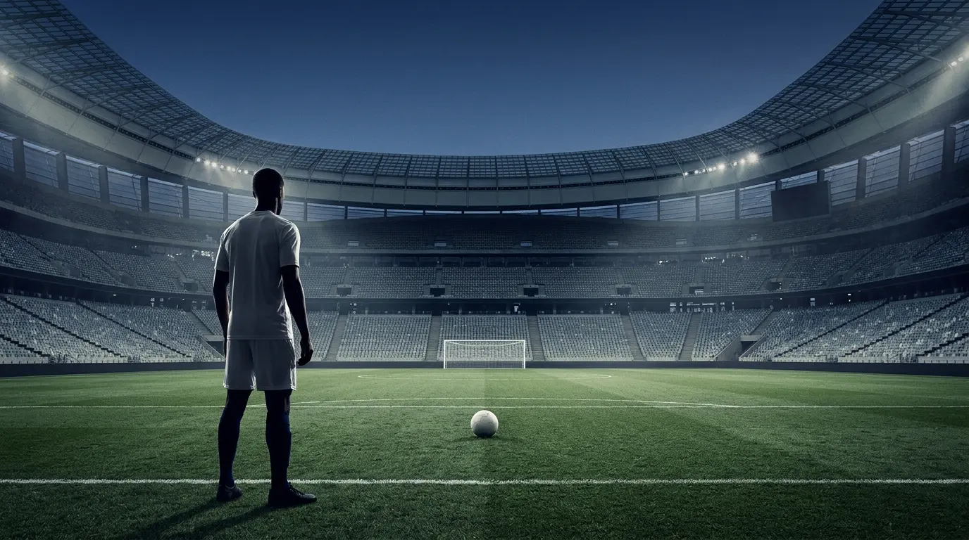 Anonymous striker silhouette facing an empty goal in a navy-lit stadium, symbolising Tottenham’s goal drought and Solanke’s return