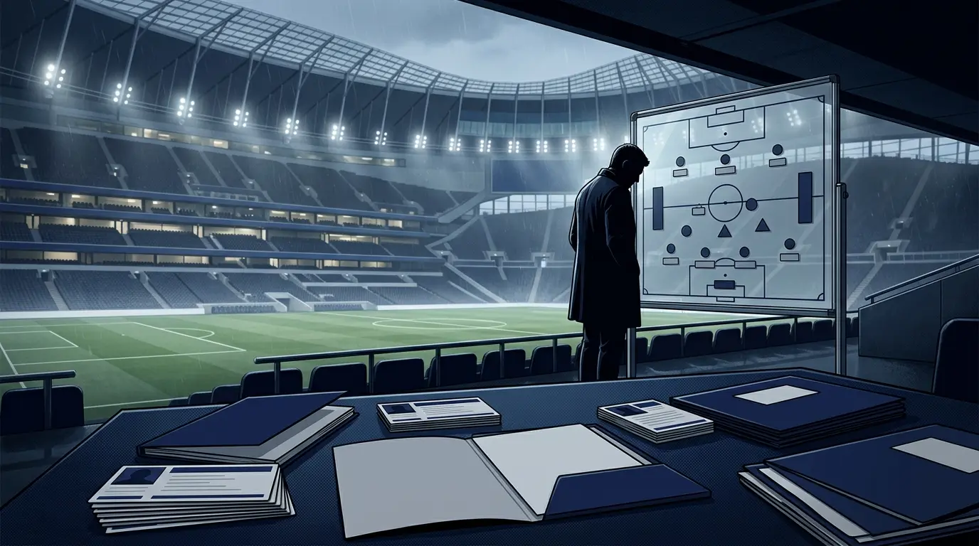 Football rebuild under scrutiny as a manager weighs transfer influence beside a stadium tactics board