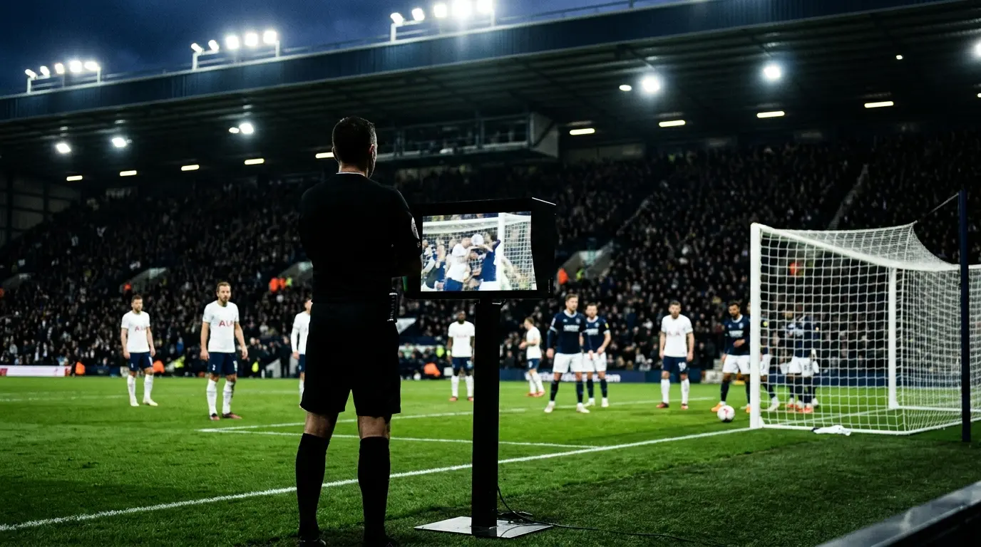 Anonymous referee reviews a disputed handball on the VAR monitor during a tense night football match