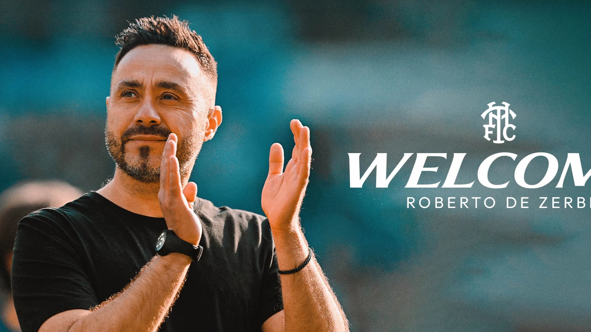 Roberto De Zerbi clapping with 'Welcome Roberto De Zerbi' text and the Tottenham Hotspur crest.