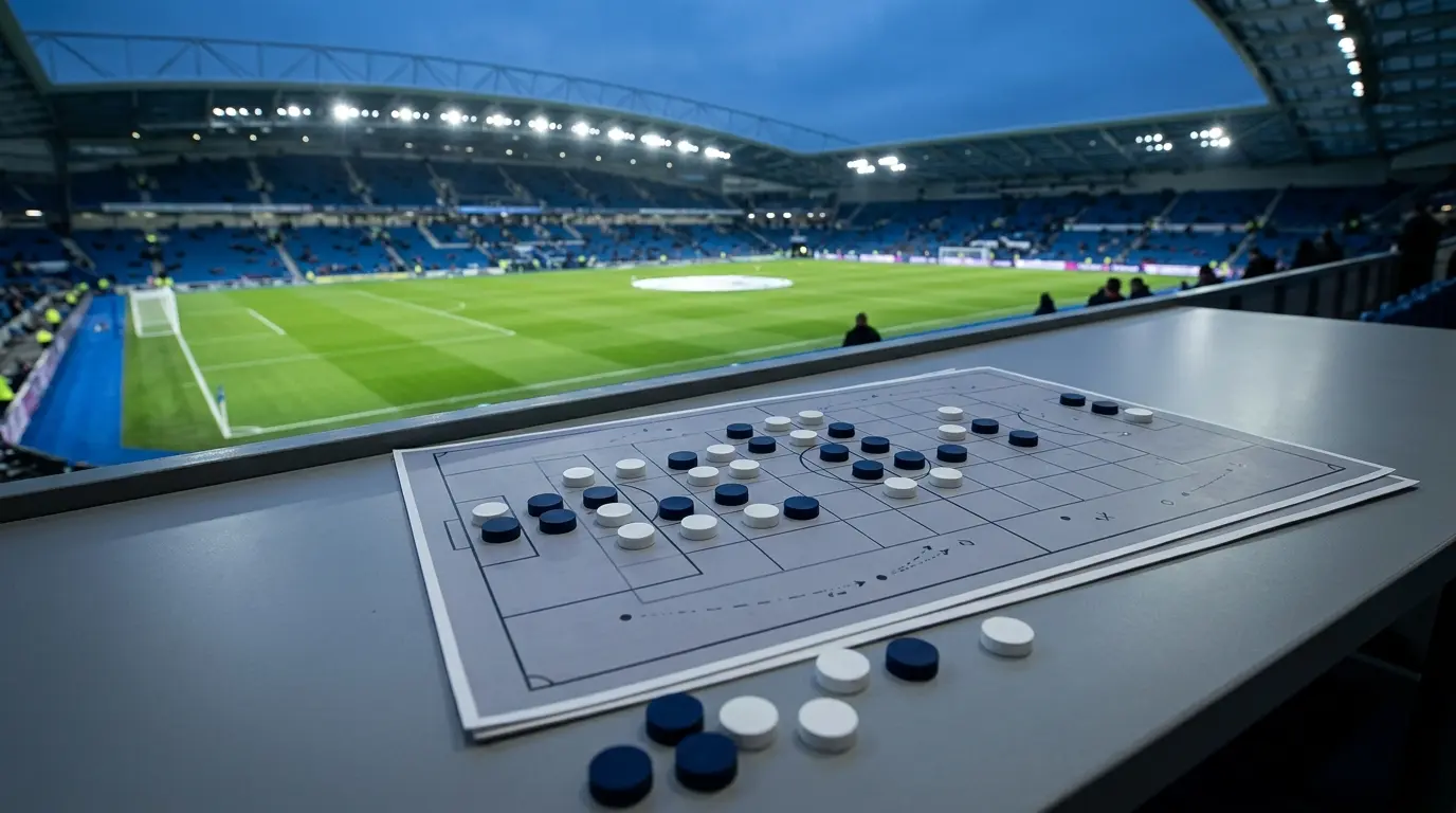 Floodlit football stadium and tactical table with an empty row representing missing performance evidence