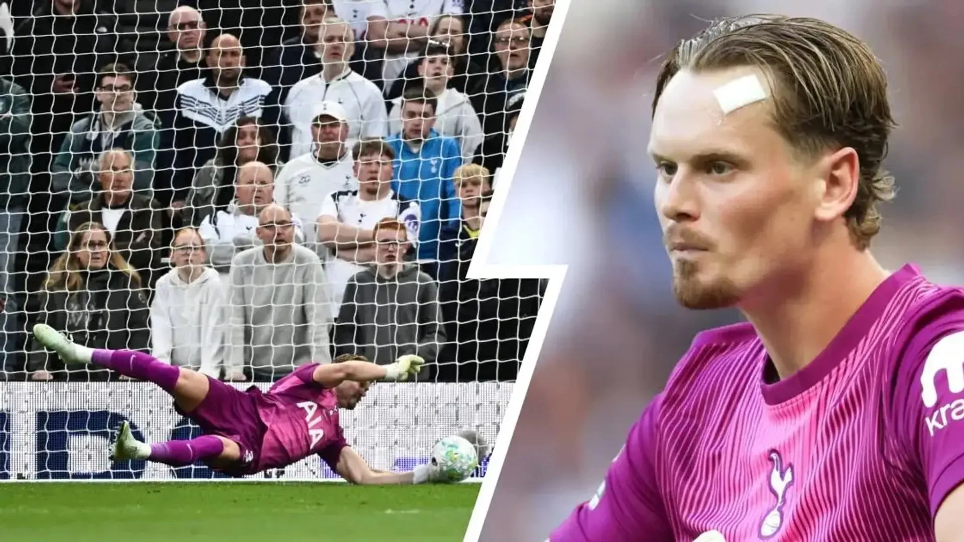 A composite image of goalkeeper Antonin Kinsky in a purple Tottenham kit, making a save and in a portrait view.