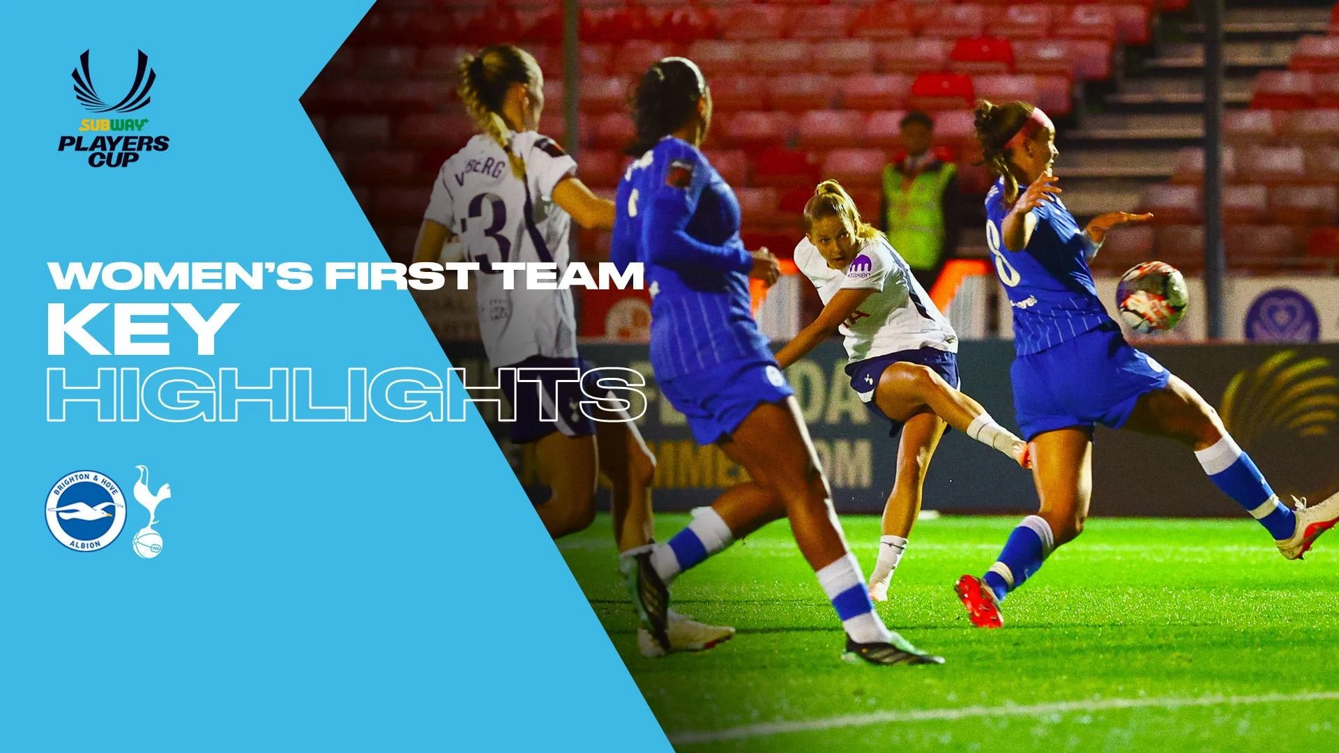 Action shot of Tottenham Hotspur Women players in blue kits playing against Brighton & Hove Albion Women in white.